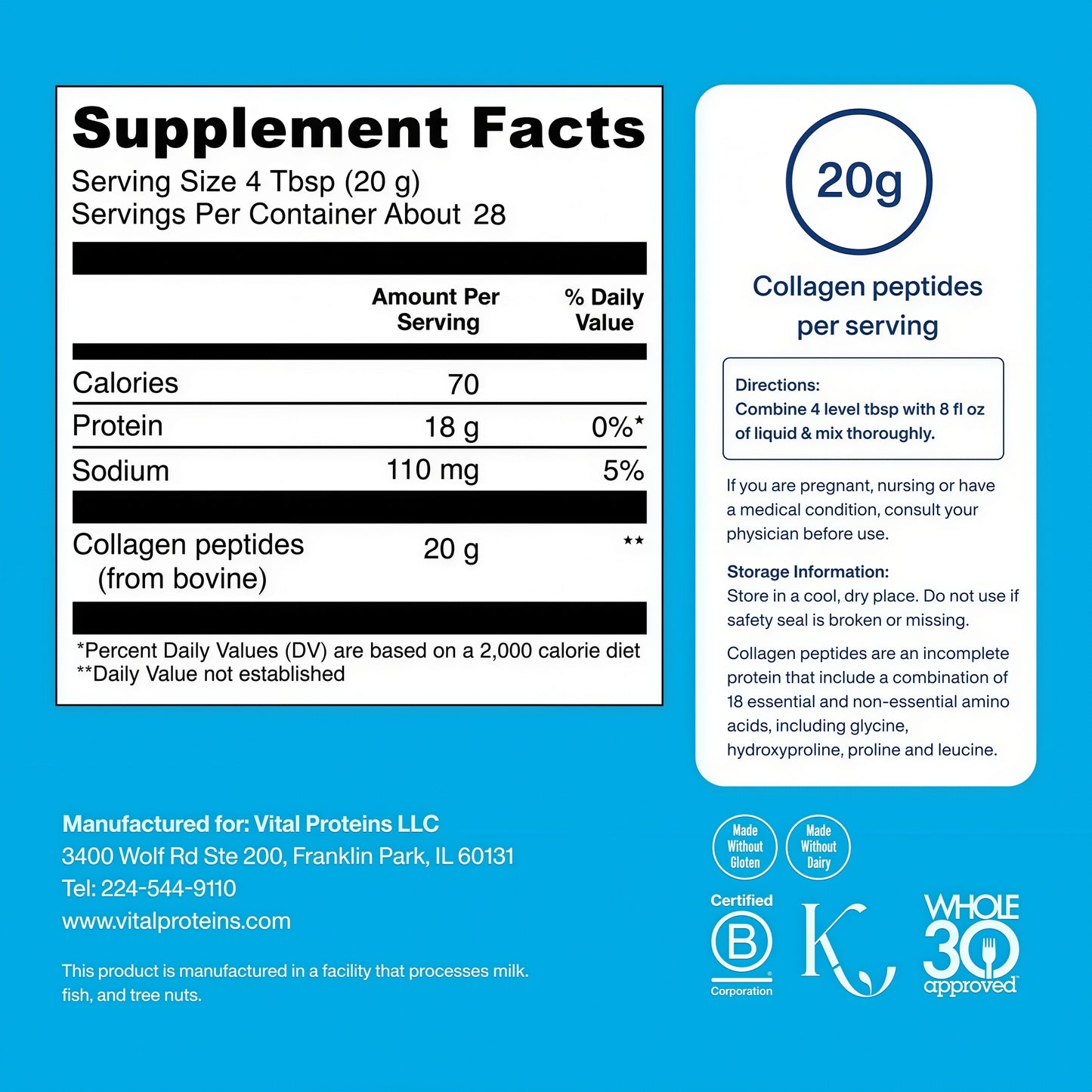 Vital Collagen Proteins Grass Fed Peptides Unflavored Powder 20oz