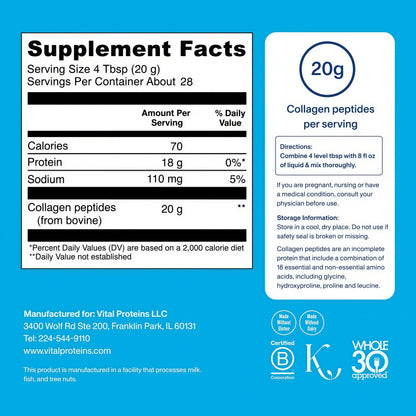 Vital Collagen Proteins Grass Fed Peptides Unflavored Powder 20oz